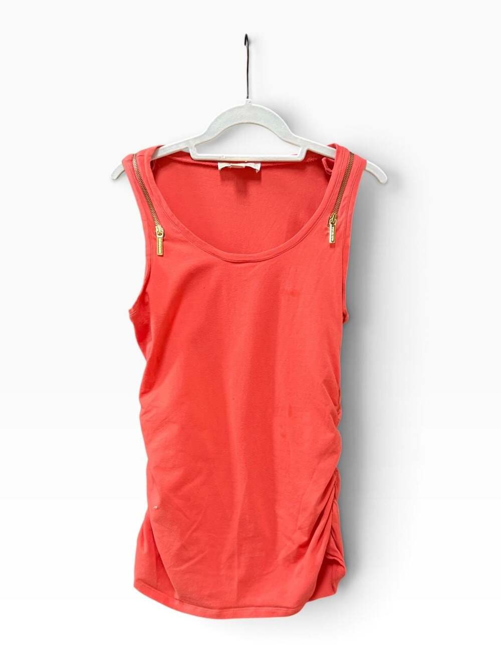 Michael Kors Orange Sleeveless Top with Gold Shoulder Zippers and Ruched Sides M